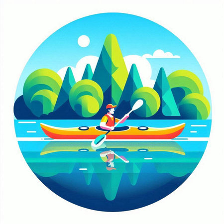 Kayaking on the lake. Vector illustration in a flat style.のイラスト素材