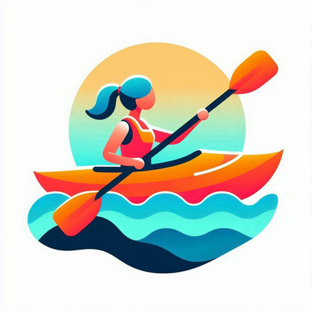 Woman paddling a kayak on the sea. Vector illustration.のイラスト素材