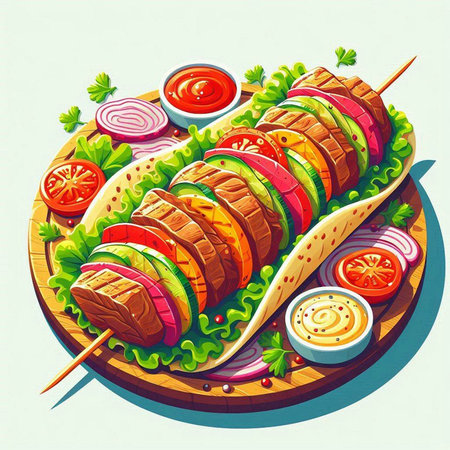 Tasty kebab on skewers with vegetables. Vector illustration.のイラスト素材