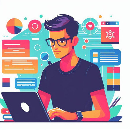 Young man in glasses works on a laptop. Flat vector illustration.のイラスト素材