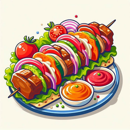 Illustration of a meat kebab on a plate with sauceのイラスト素材