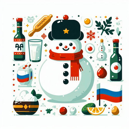 Christmas and New Year greeting card with snowman and drinks. Vector illustration.のイラスト素材