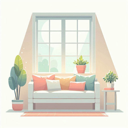 Living room interior with window, sofa and plant. Vector illustration.のイラスト素材