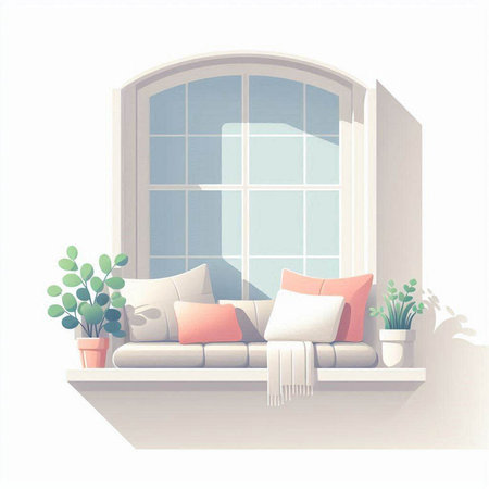 Illustration of a window with a sofa and a potted plantのイラスト素材