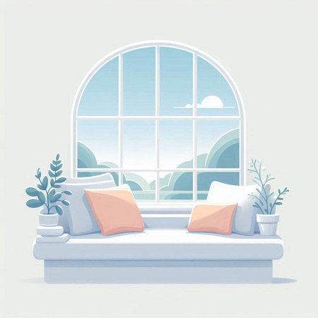 Illustration of a room with a large window and a big windowのイラスト素材