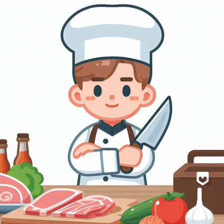 Illustration of a Little Boy Chef Chopping Meat with a Knifeのイラスト素材