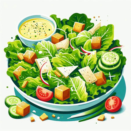 Illustration of salad with cheese, cucumber, tomato, onion and lettuceのイラスト素材
