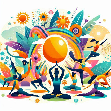 Vector illustration of yoga poses with sun and flowers in the background.のイラスト素材