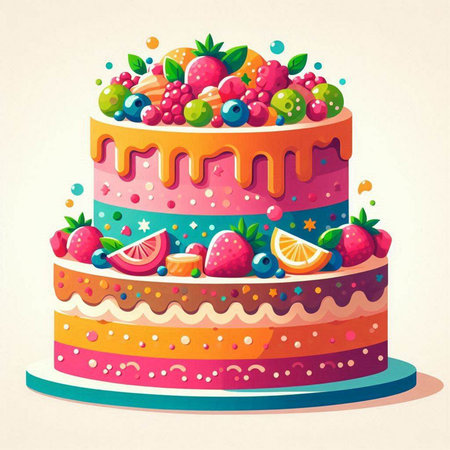 Birthday cake with fruits and berries. Vector illustration in retro style.のイラスト素材