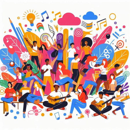 Group of people listening to music on white background. Vector illustration.のイラスト素材