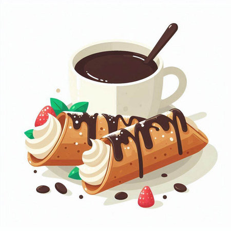 Cup of coffee and pancake with cream. Vector illustration.のイラスト素材