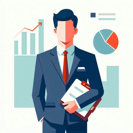 Businessman with clipboard and chart. Vector illustration in flat style.のイラスト素材