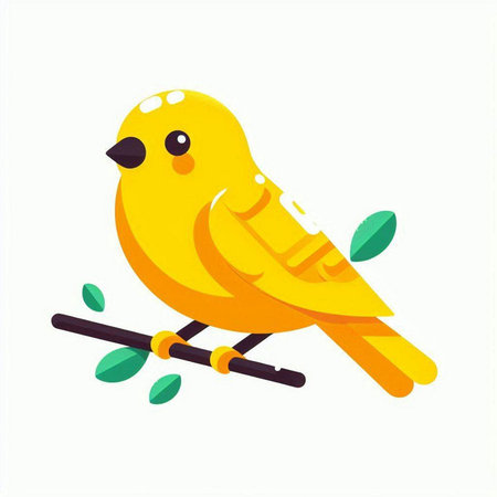 Cute yellow bird sitting on the branch isolated on white background. Vector illustration.のイラスト素材