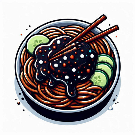 Soba noodles in bowl with chopsticks. Hand drawn vector illustration.のイラスト素材