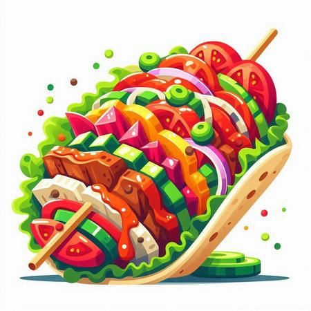 Illustration of kebab with vegetables on a white background.のイラスト素材