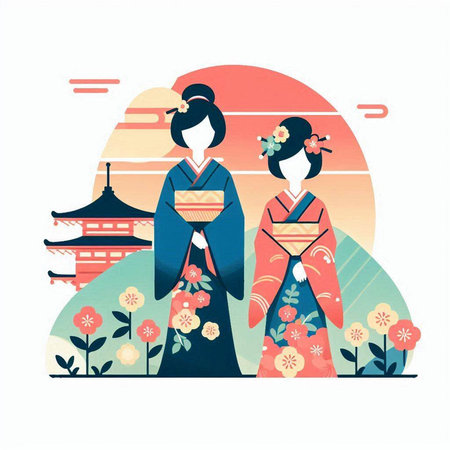 Illustration of a couple in kimono. Vector illustration.のイラスト素材
