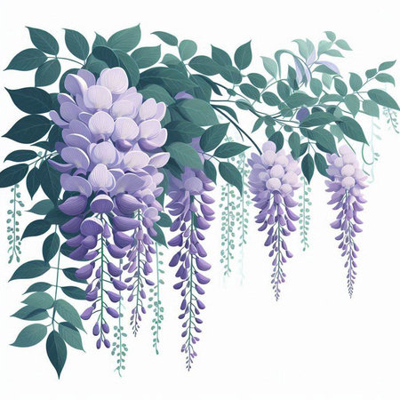 Wisteria flowers and leaves on white background. Vector illustration.のイラスト素材