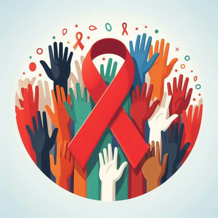 Vector illustration of World Aids Day. Red ribbon and hands.のイラスト素材