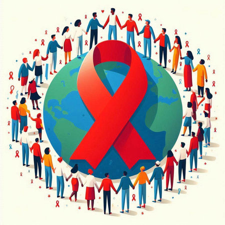 World aids day concept with crowd of people around world and red ribbon vector illustrationのイラスト素材