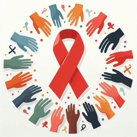 World Aids Day. Vector illustration of red ribbon with hands around it.のイラスト素材