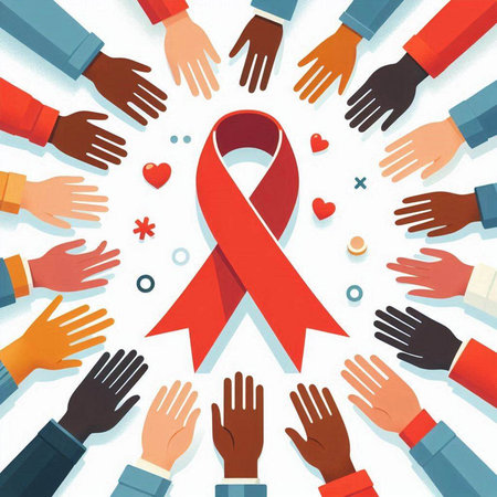 World Aids Day concept with red ribbon and hands. Vector illustration.のイラスト素材
