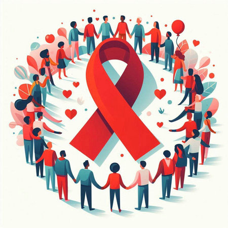 World Aids Day background with red ribbon and people around. Vector illustration.のイラスト素材