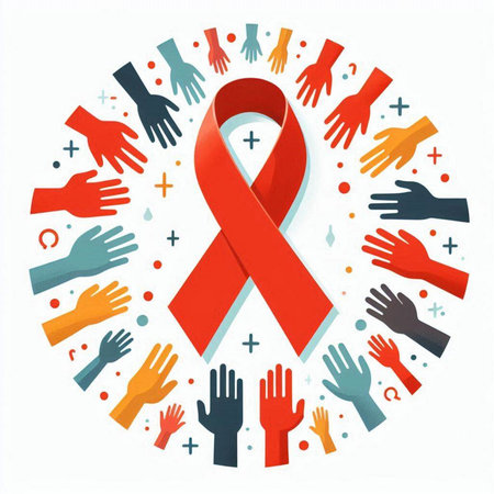 Red ribbon in circle with hands around it. Vector illustration. World AIDS Day.のイラスト素材