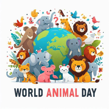 World Animal Day poster with cute cartoon animals around the world. Vector illustration.のイラスト素材