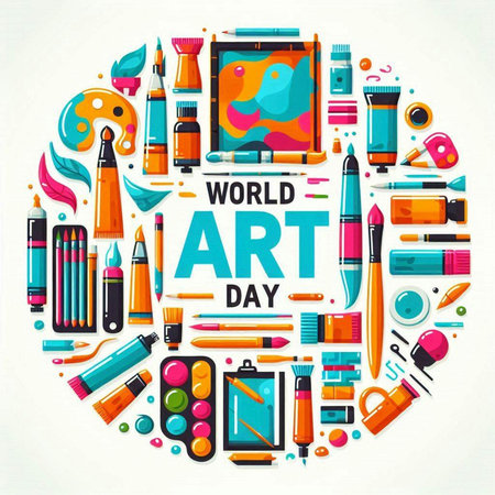 World Art Day poster with art supplies. Vector illustration in flat styleのイラスト素材