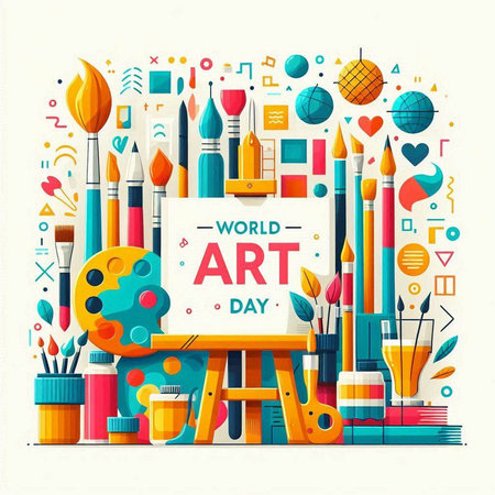 World Art Day greeting card or banner with art tools, vector illustrationのイラスト素材