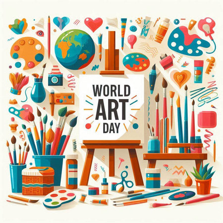 World art day poster with school supplies. Vector illustration in flat styleのイラスト素材