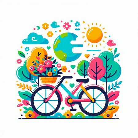 Bicycle with basket of flowers in the park. Vector illustration.のイラスト素材