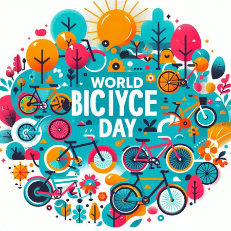 World Bicycle Day. Poster with bicycle silhouettes. Vector illustration.のイラスト素材