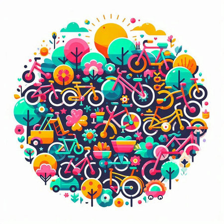 Colorful vector illustration of bicycle pattern in circle shape with icons.のイラスト素材