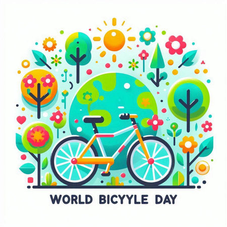 World Bicycle Day. Vector illustration with bicycle, trees, flowers and sun.のイラスト素材