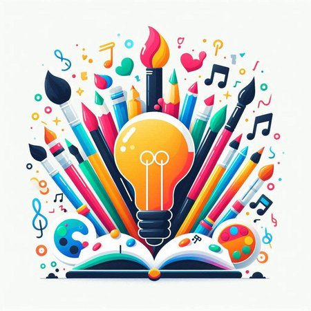 Creative education concept with light bulb and school supplies. Vector illustration.のイラスト素材