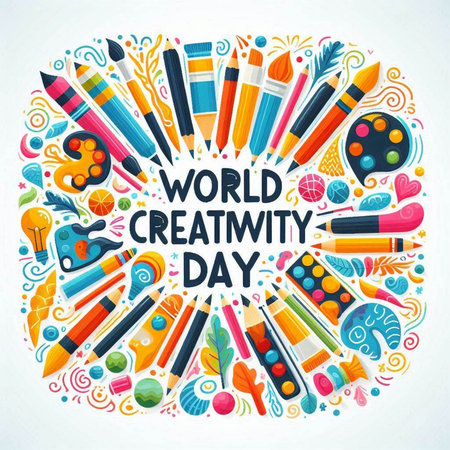 World Creativity Day. Cute hand drawn doodle round frame with watercolor, pencils, paints and other objects.のイラスト素材
