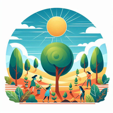 Vector illustration of people planting trees in the field. Gardening conceptのイラスト素材
