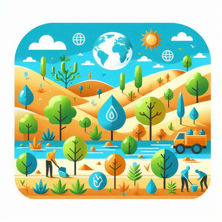 Vector illustration of a flat cartoon style landscape with trees, mountains, sun, road, car and water dropのイラスト素材