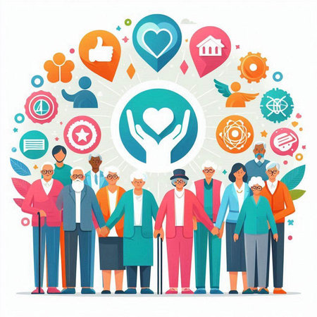 Group of elderly people holding hands together. Vector illustration in flat styleのイラスト素材