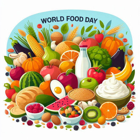 World food day poster with fruits, vegetables and dairy products isolated vector illustrationのイラスト素材