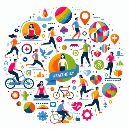Healthy lifestyle concept with people and icons in circle. Vector illustrationのイラスト素材