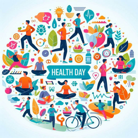 Healthy lifestyle concept with people and icons in circle. Vector illustrationのイラスト素材