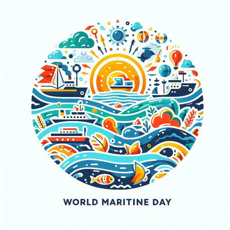 World Maritime Day concept. Vector illustration in circle shape with sea, ship, boat, lighthouse, seagull, sun, waves, seagulls and other elements.のイラスト素材