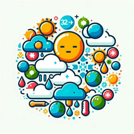 Weather icons in circle shape. Colorful vector illustration in flat styleのイラスト素材