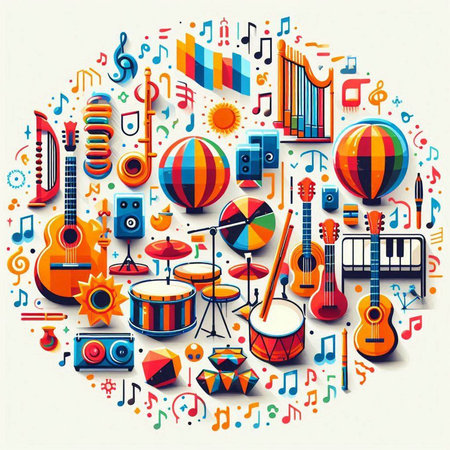 World music day banner with musical instruments and notes. Vector illustration.のイラスト素材