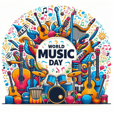 World music day poster with musical instruments. Vector illustration in flat styleのイラスト素材