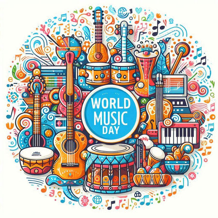 World Music Day banner design with musical instruments and notes. Vector illustrationのイラスト素材