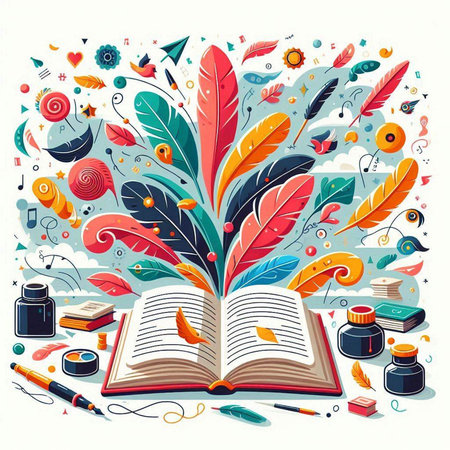 Vector illustration of an open book with a feather pen and books.のイラスト素材