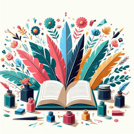 Vector illustration of an open book with a feather pen and ink bottles.のイラスト素材